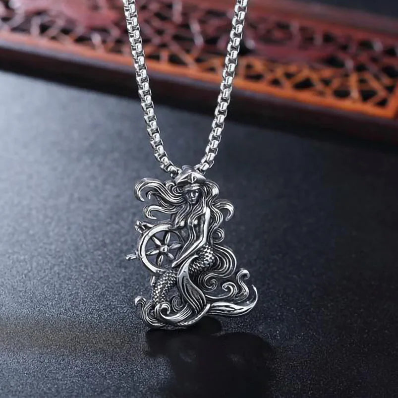 Silver Mermaid Pendant Necklace Stainless Steel