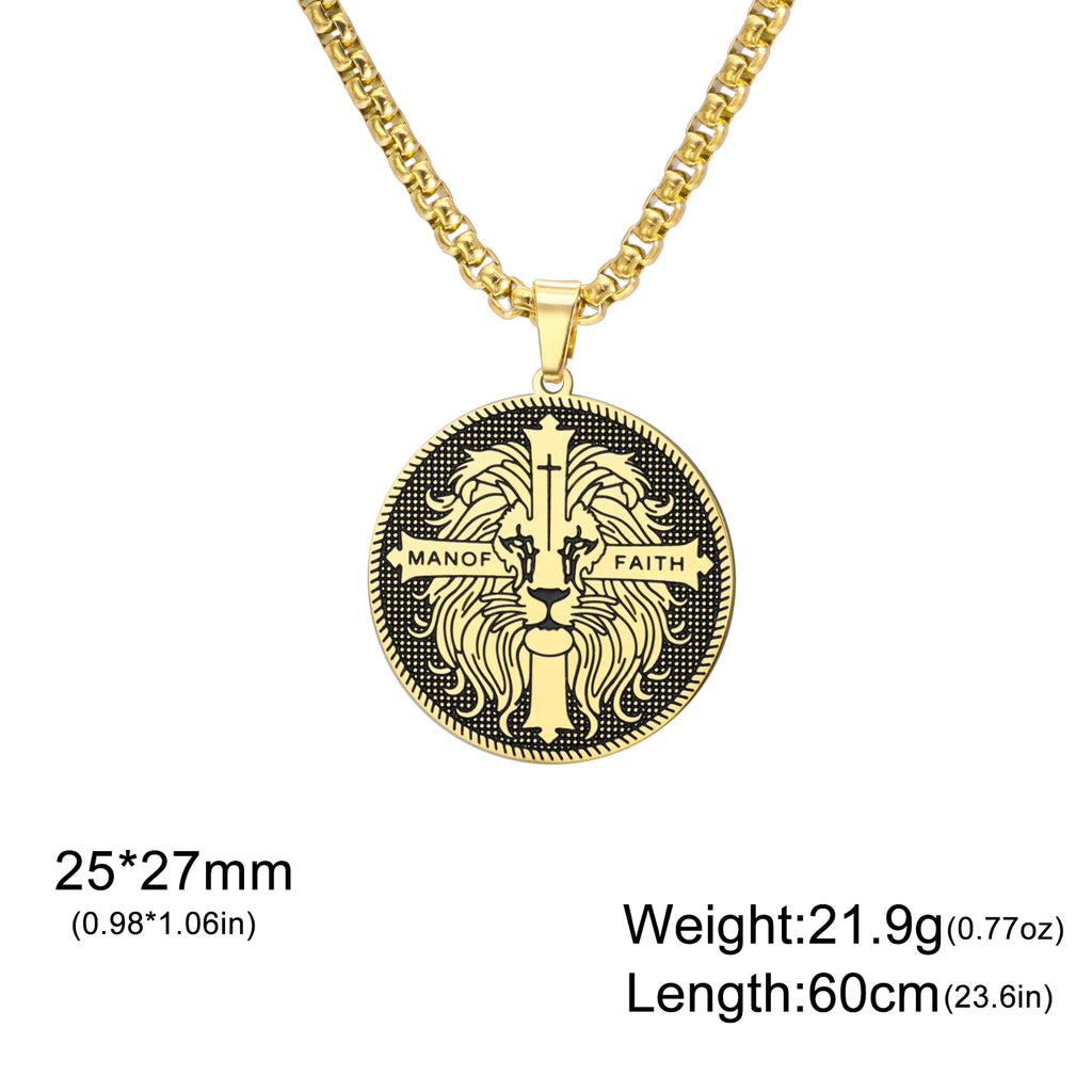 Cazador Vintage Man of Faith Lion Cross Pendant Necklace for Women Men Stainless Steel Box Chain Christian Faith Jewelry Gifts