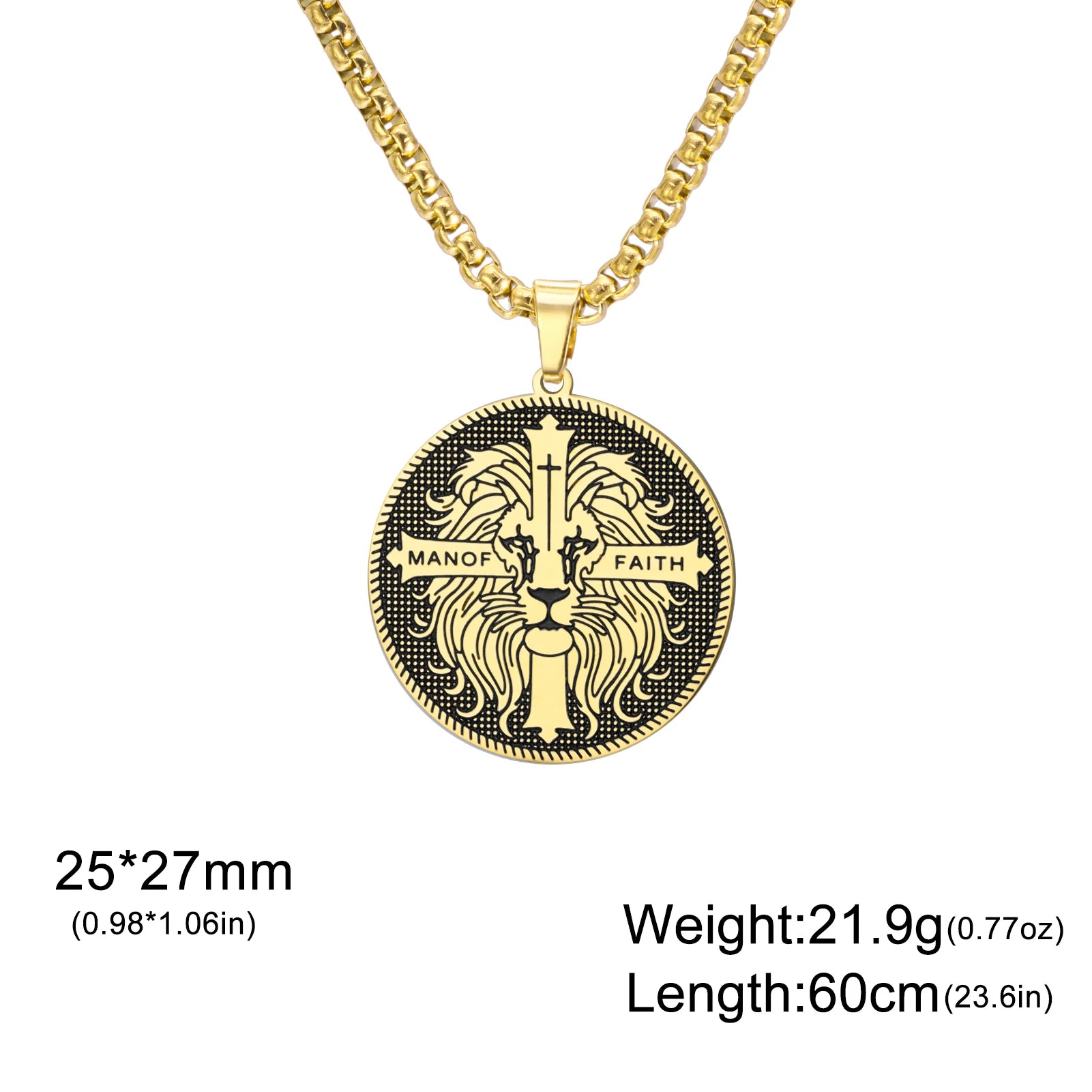 Cazador Vintage Man of Faith Lion Cross Pendant Necklace for Women Men Stainless Steel Box Chain Christian Faith Jewelry Gifts
