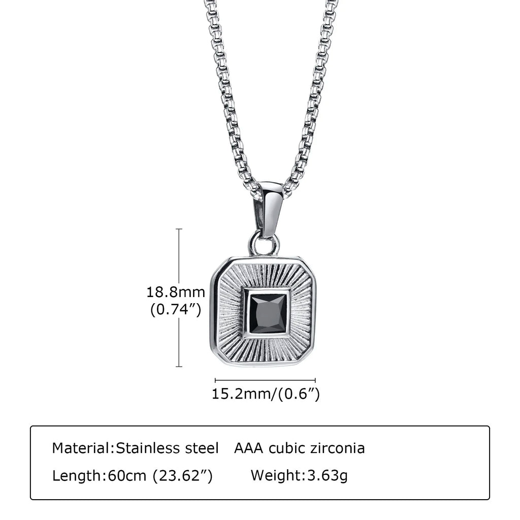 Men's Pendant Necklace,Black Square Zircon Embossing Radiation Sunburst Pendant Collars,Stylish Stainless Steel Jewelry Gifts
