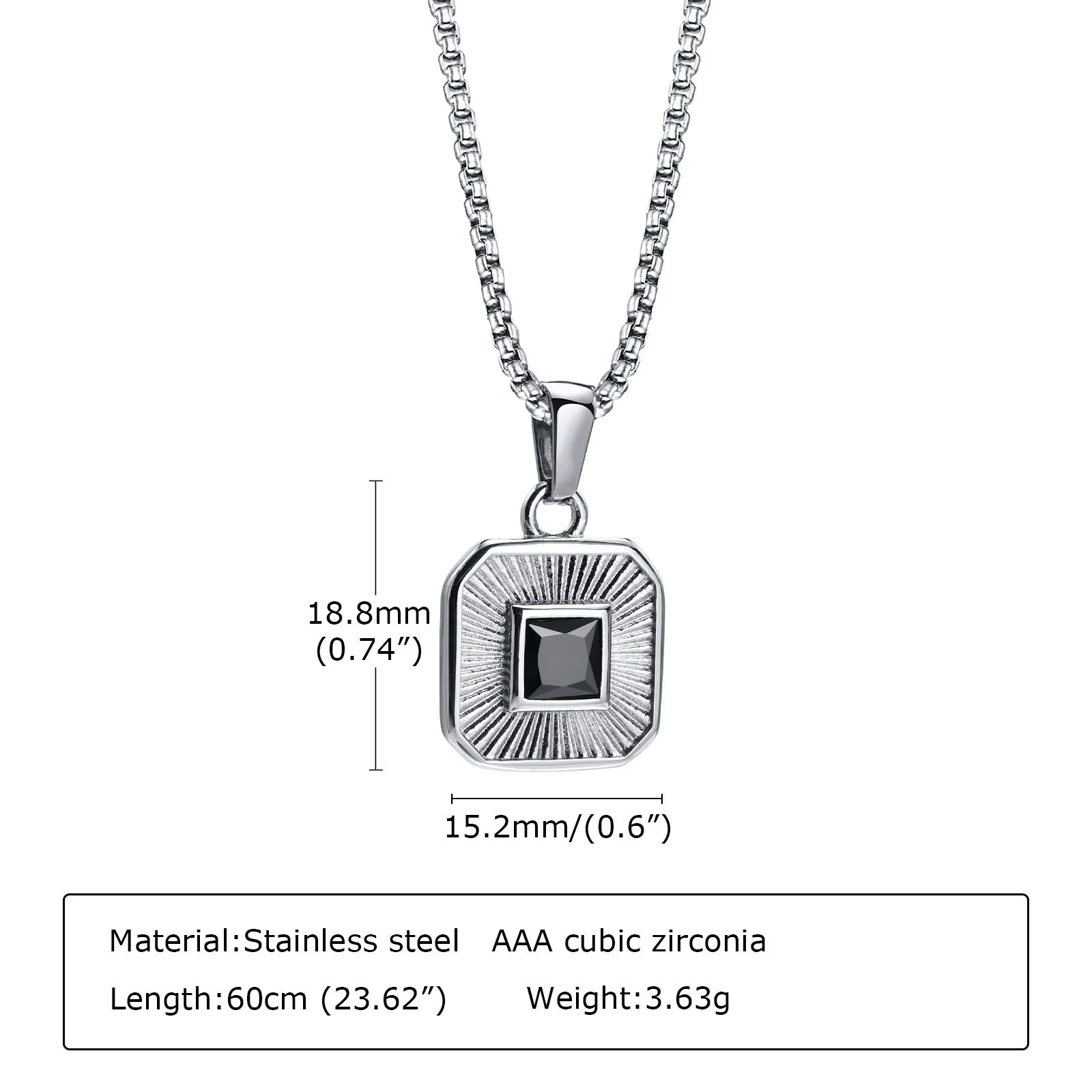Men's Pendant Necklace,Black Square Zircon Embossing Radiation Sunburst Pendant Collars,Stylish Stainless Steel Jewelry Gifts
