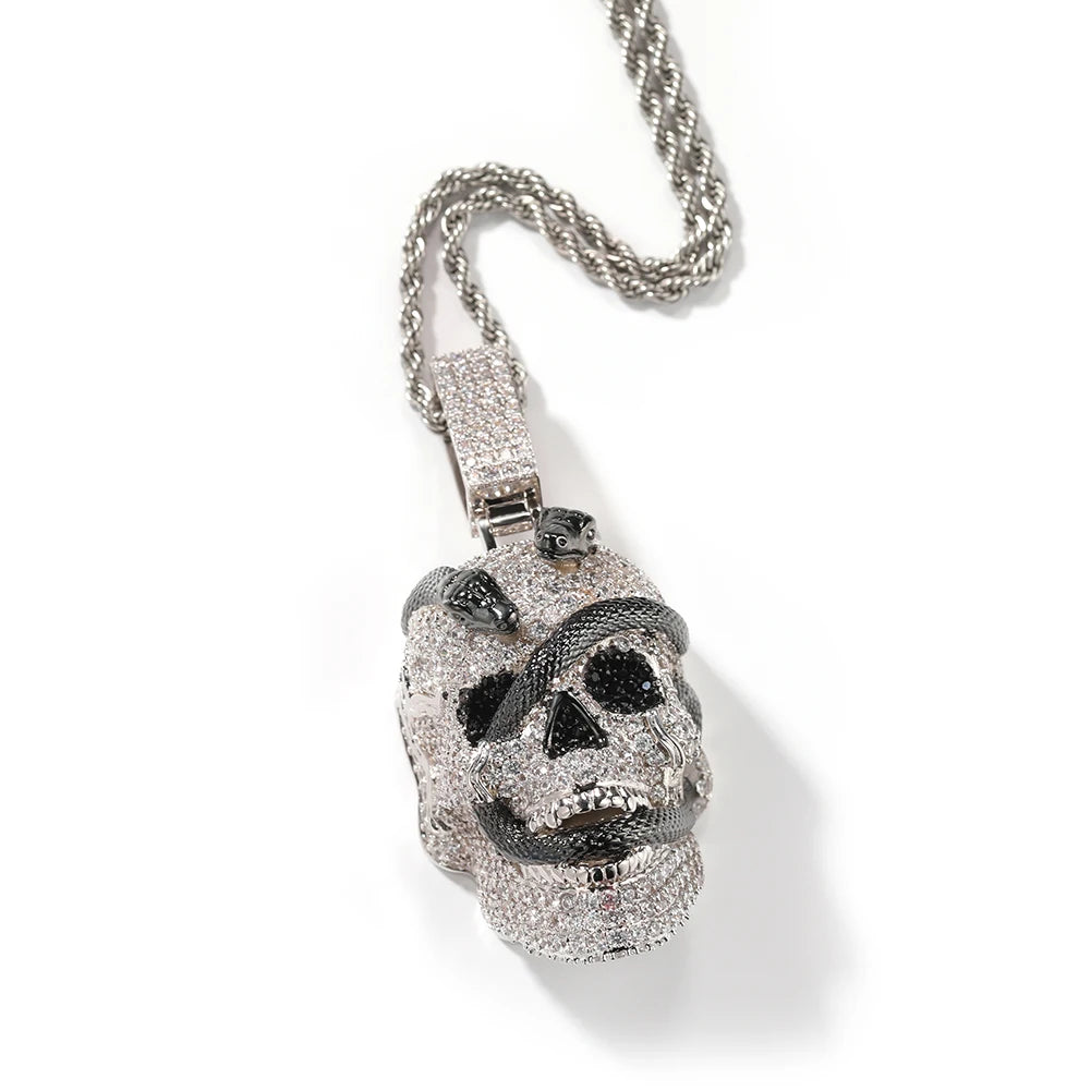THE BLING KING Iced Out Ghost Skull Head Black Snake Arround Pendant Necklace For Men White Gold Plated Charm Hip Hop Jewelry