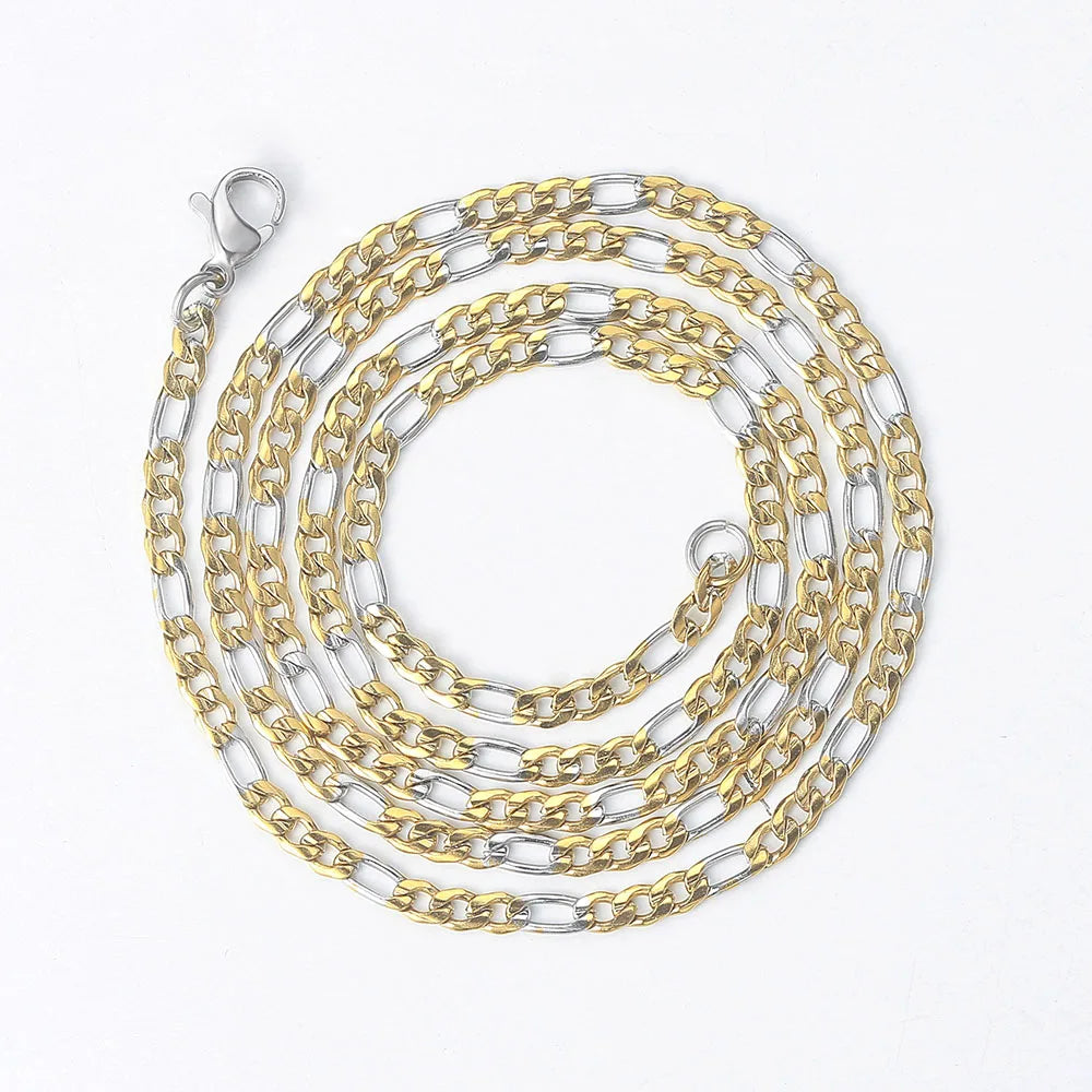 Gold Figaro Cuban Chain Necklace 3MM Stainless Steel
