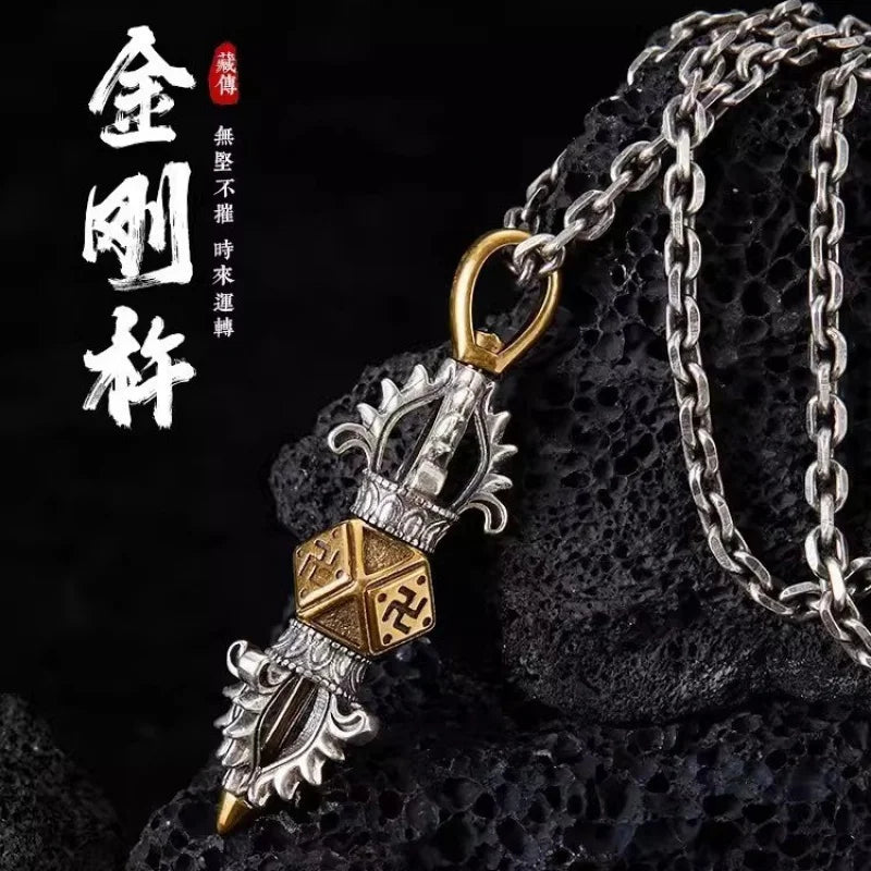Tibetan Vajra Pendant Necklace — Gold-Tone Rotatable
