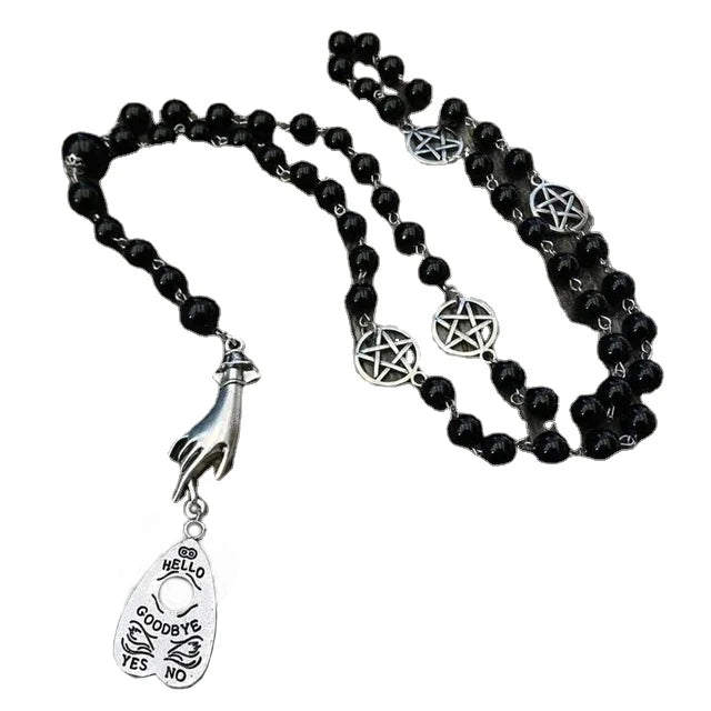 PERSONALISIERBAR Black Rosary with Ouija Planchette and Hand, Gothic Necklace, Black Magic, Occult Jewelry, Ghosts