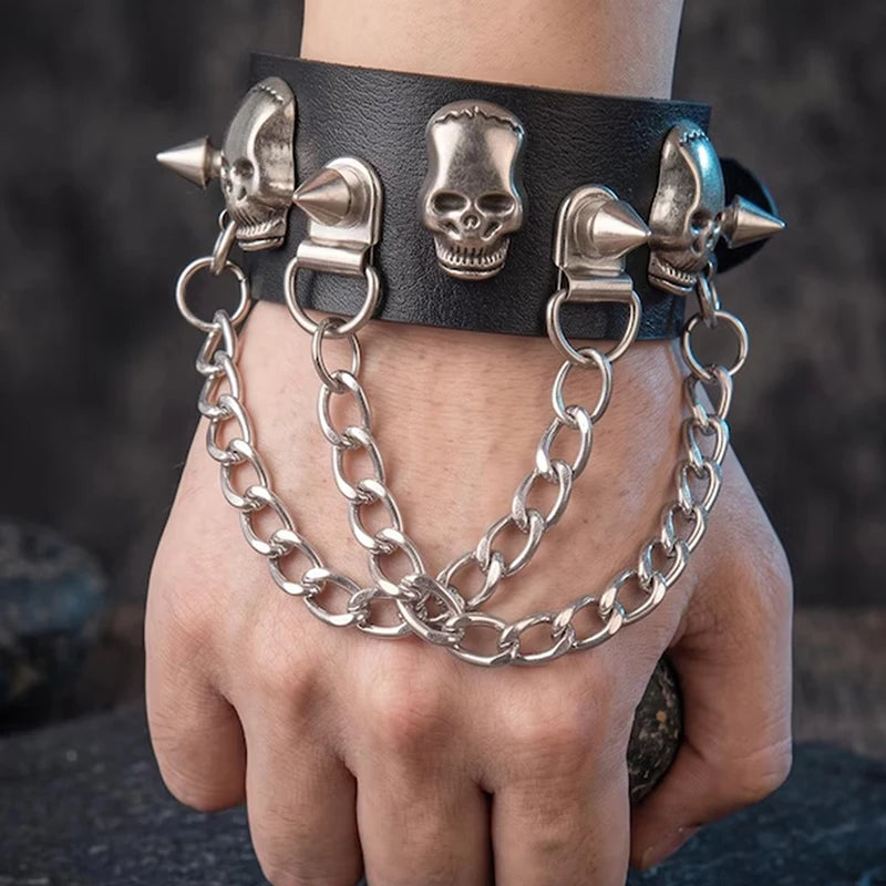90s Gothic Skull Spike Bracelet Adjustable Punk Rock Bracelet Black Studded Faux Leather Wristband Bracelet for Men