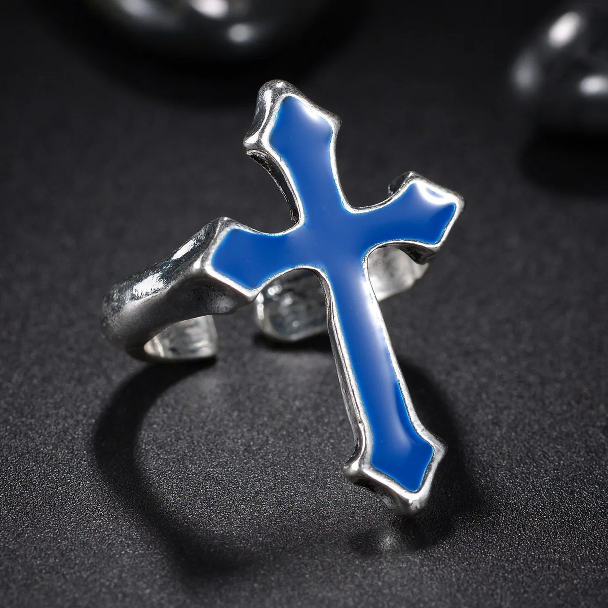 Vintage Goth Black Cross Open Ring for Men Women — Black-Tone