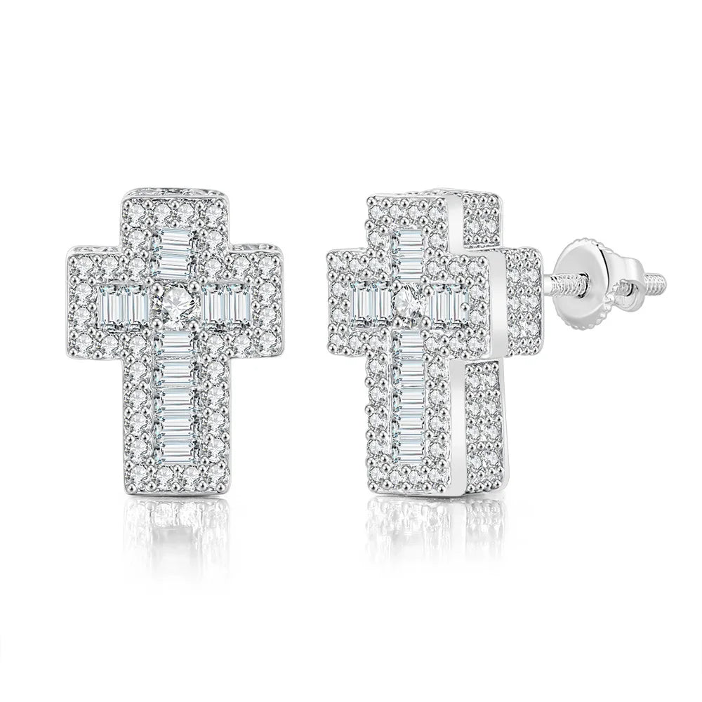 Iced Out Cross Stud Earrings — Gold