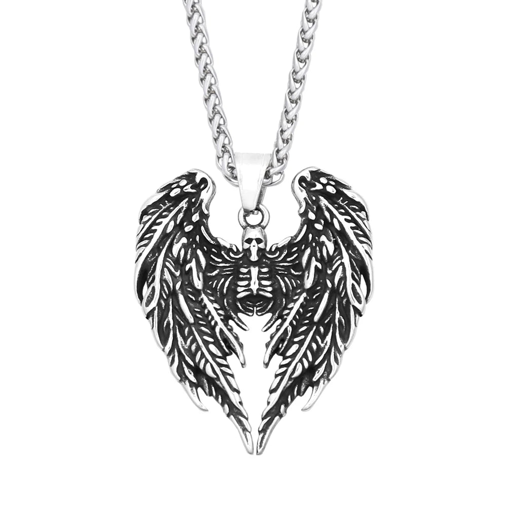 New 316L Stainless Steel Skull With Angel Wings Pendant Necklaces For Men Boys Gothic Hip Hop Biker Jewelry Gifts