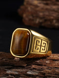 1pc Men's Vintage 316L Stainless Steel Ring with Natural Tiger's Eye Stone Intricate Detailing, Durable Unisex Jewelr