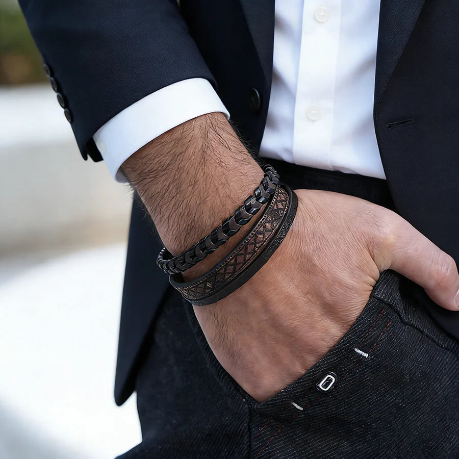 Magnetic Clasp Woven Leather Chain Wrap Bracelet — Brown or Black