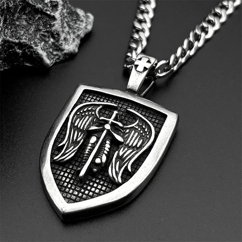 Saint Michael Archangel Knight Necklace Women Men Stainless Steel Silver Color Shield Guardian Angel Christian Amulet Jewelry