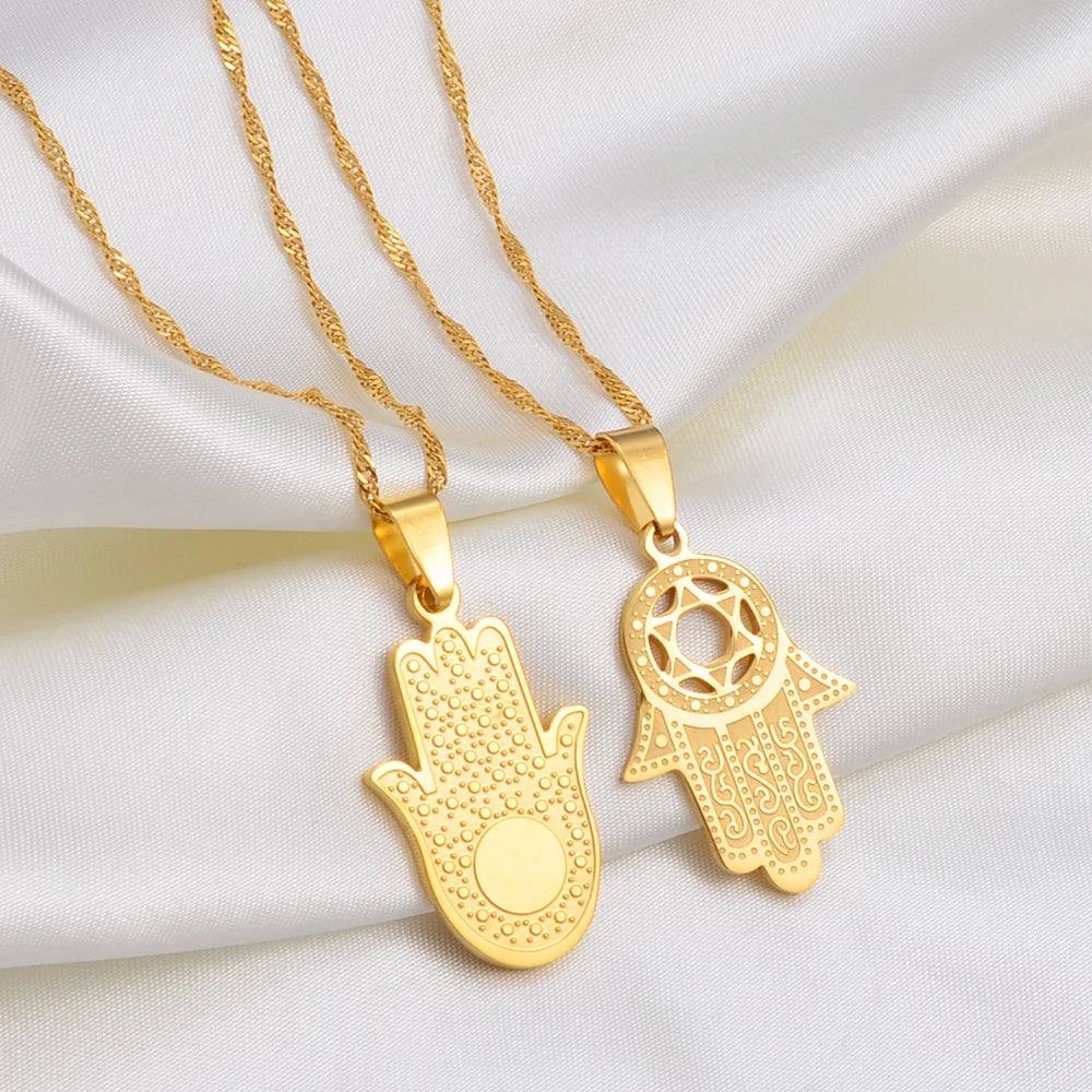 Anniyo Hamsa Hand Pendant Necklaces for Women  Men Arab Middle East Palm Shaped Ethnic Jewelry @276821