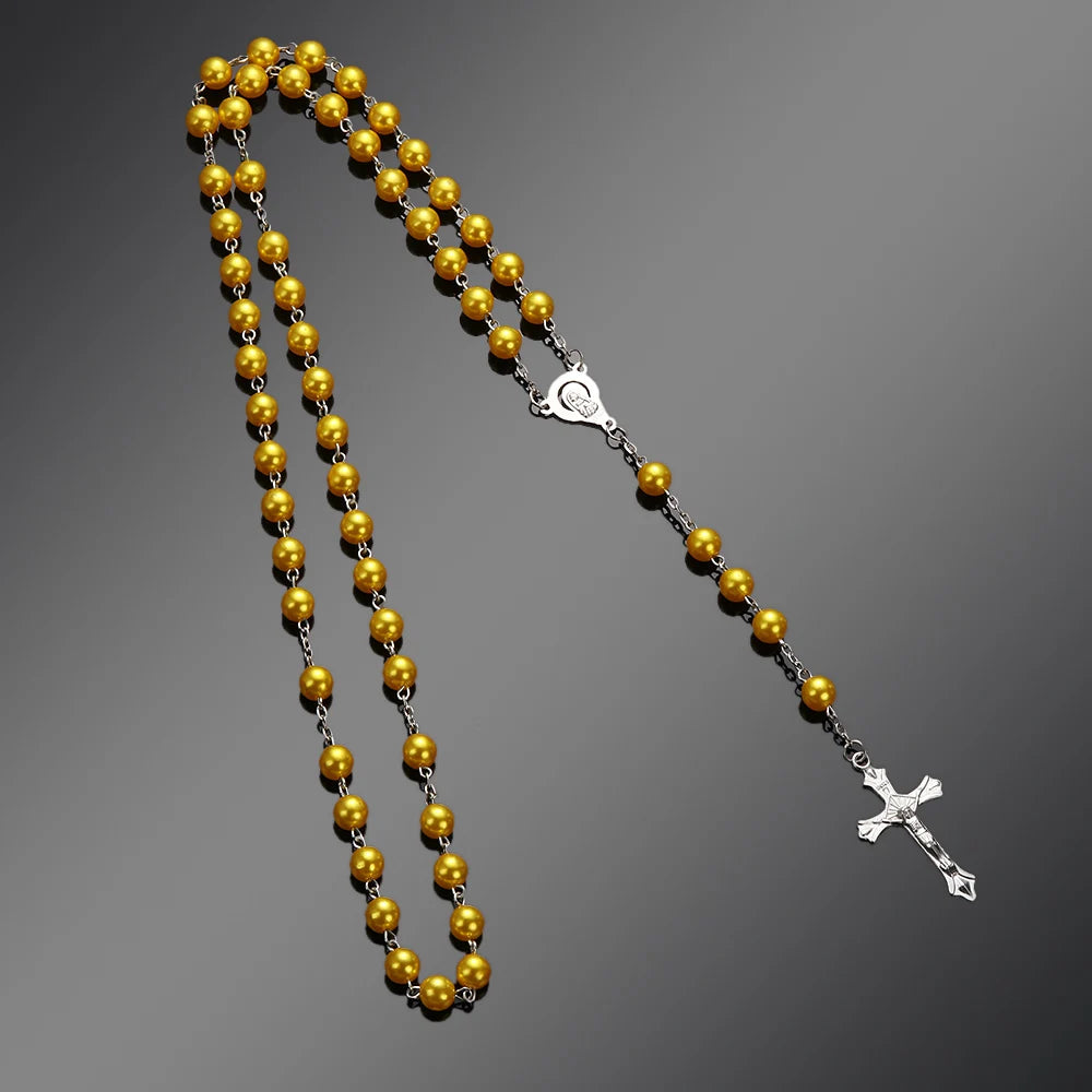 Vintage Catholic Rosary Necklace — Glass Bead Crucifix Cross