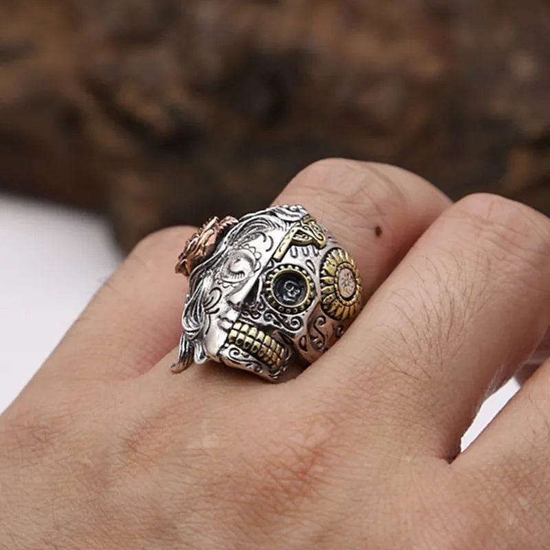 BOCAI New S925 Sterling Silver Jewelry Vintage Punk Double-sided Face Skull Ring Men's Selected Gift