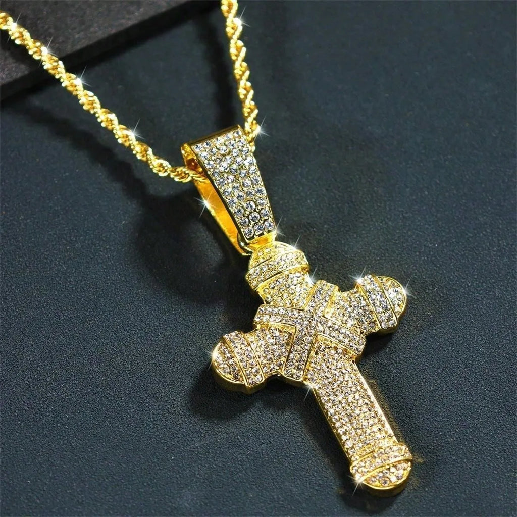 Iced Out Jesus Cross Cuban Pendant — Gold