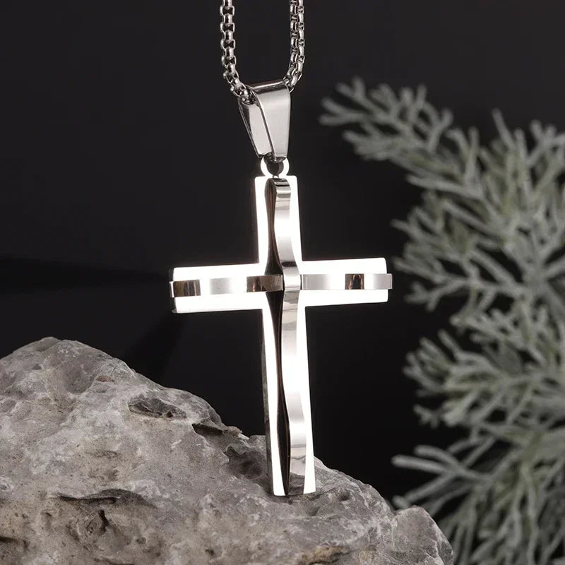 Vintage Christian Jesus Cross Stainless Steel Pendant Little Angel Prayer Necklace Men Women Faith Amulet Jewelry