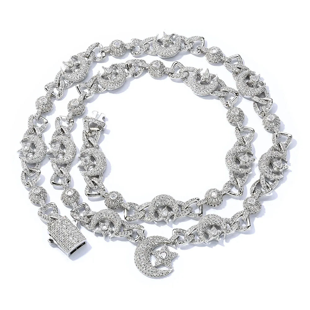 Iced Out Star Cuban Chain Necklace Moon CZ