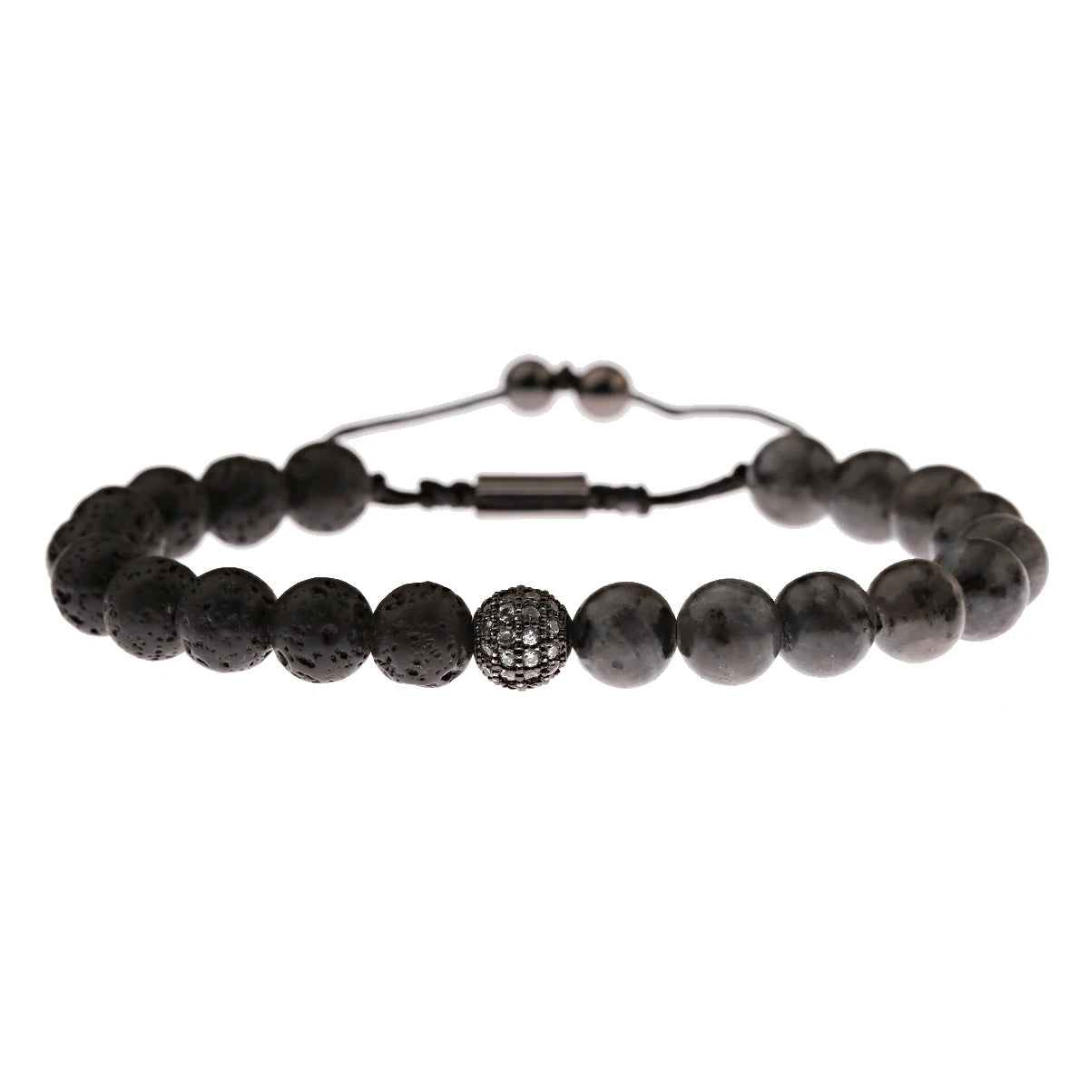 Black CZ Pave Ball Beaded Bracelet for Men — Adjustable Weave