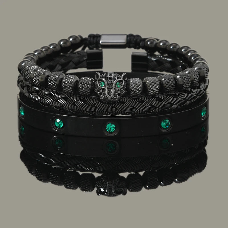 Green Eye Leopard Head & Crown Crystal Bracelet — Stainless Steel