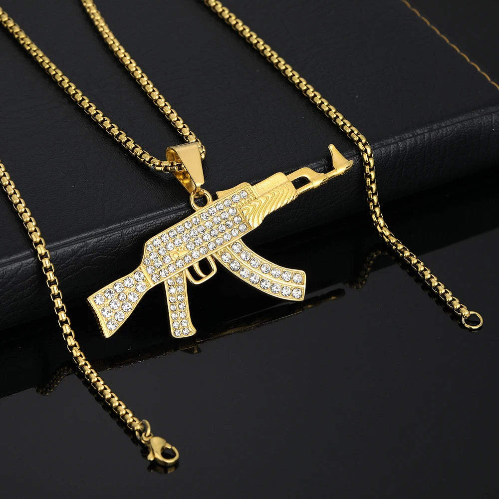 Punk Assault Rifle AK47 Gun Iced Out Shiny CZ Pendant Gold Color Stainless Steel Rapper Necklace Man Hippie Military Jewelry