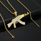 Punk Assault Rifle AK47 Gun Iced Out Shiny CZ Pendant Gold Color Stainless Steel Rapper Necklace Man Hippie Military Jewelry