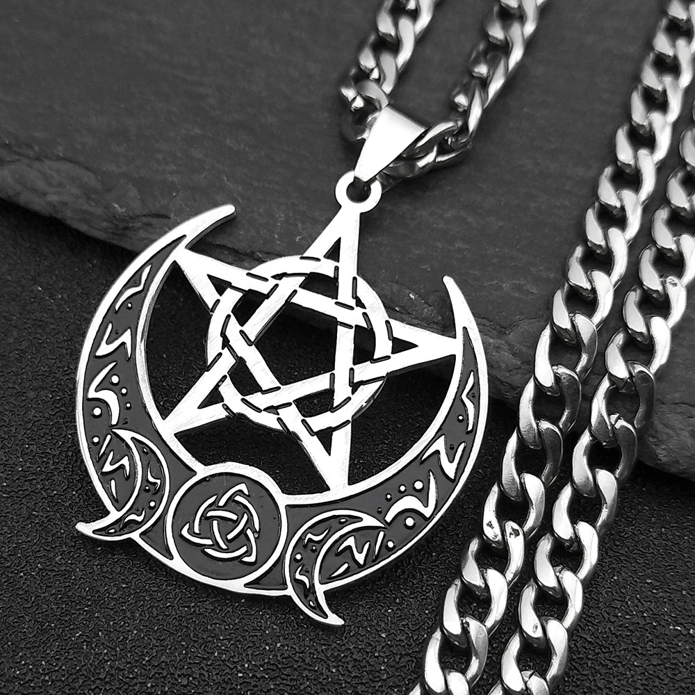 Wicca Triple Moon Pentagram — Stainless