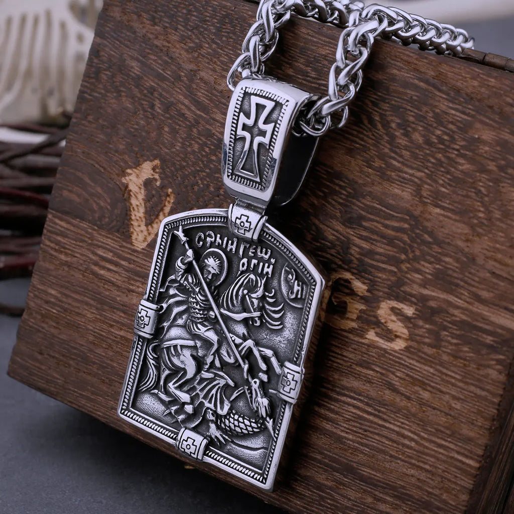 Stainless Steel Retro Religious Holy Warrior Necklace Men and Women Back Bible Cross Amulet Biker Pendant Necklace