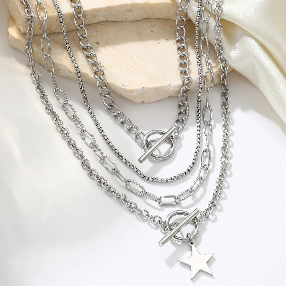 DOTIFI Stainless Steel Fashion Hip Hop Personalized Trend Kpop Exquisite Design Men's Multi-Layer Star OT Clasp Necklace Set