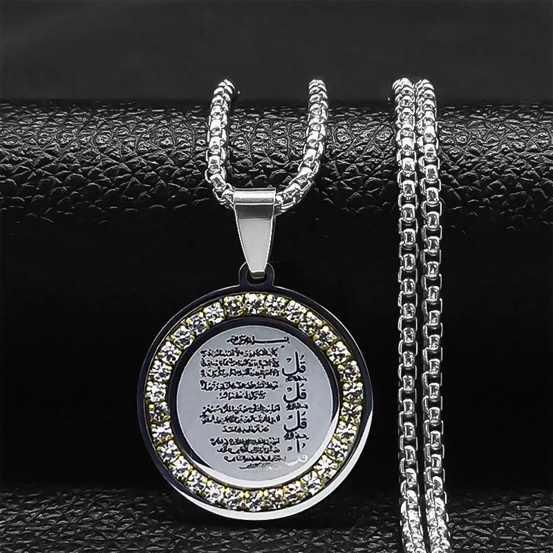 Muslim Islamic Religious Stainless Steel Crystal Necklace Women Islam Quran Allah Pendant Necklaces Arabic Jewelry
