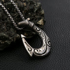Tribal Swirl Fish Hook Stainless Steel Pendant Necklace Coastal Protective Marine Themed  Men Fishing Beach Casual Holiday Gift