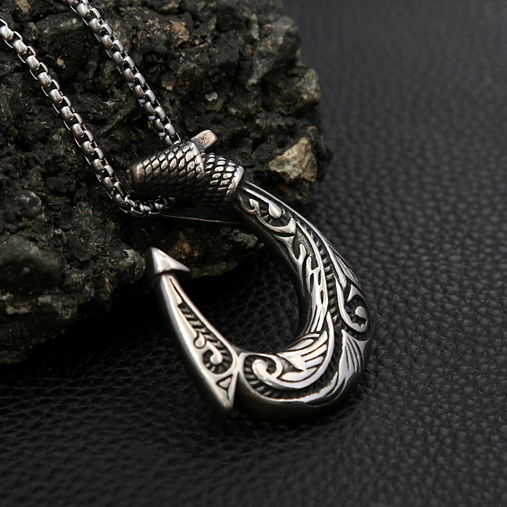Tribal Swirl Fish Hook Stainless Steel Pendant Necklace Coastal Protective Marine Themed  Men Fishing Beach Casual Holiday Gift