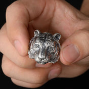 Thai Silver Tiger Head Ring — Cameo Relief