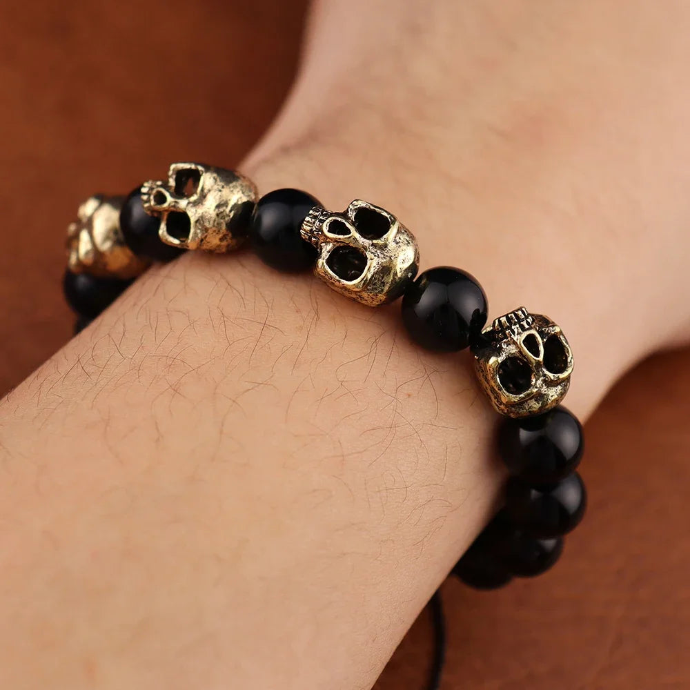Trendy Agate Skull Bracelet Men's Vintage Adjustable Tiger's eye Bracelets Male Punk Hip Hop Charm Jewelry