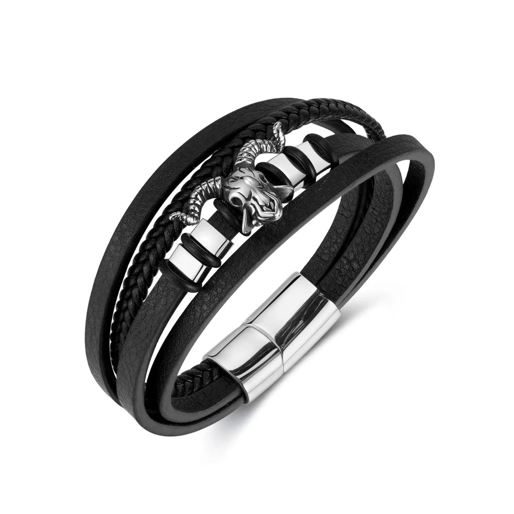 New Vintage Leather Woven Rope Bracelet Titanium Steel Sheep's Head Magnetic Buckle Men's Bracelet Fashion Jewelry