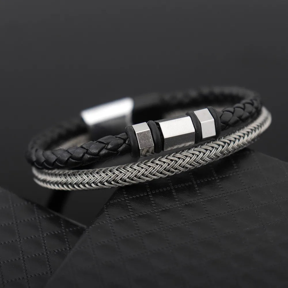 Simple Braided Wire Bracelet for Men — Black and White Color