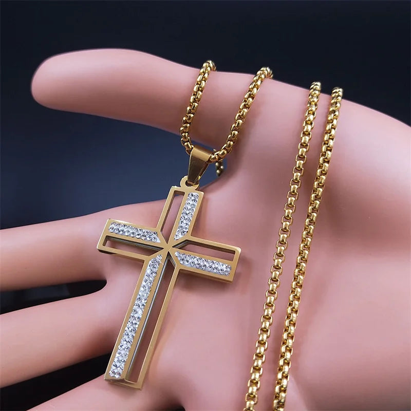 Catholic Open Cross Rhinestone Pendant Necklace — Stainless Steel