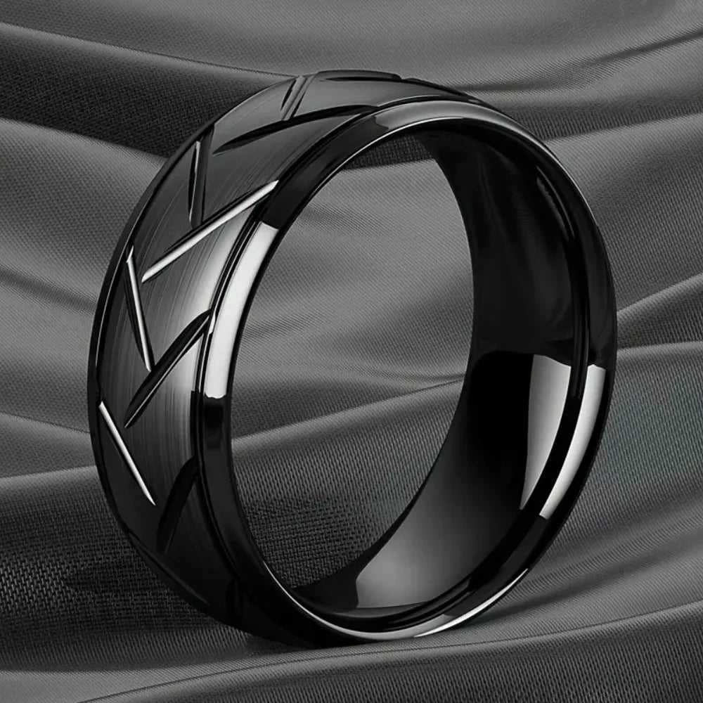 Black Multi-Faceted Groove Ring — Stainless Steel