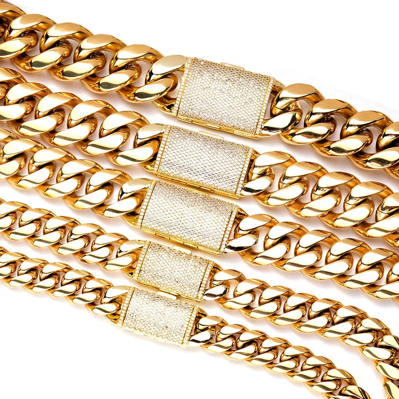 12/14/18/20/22mm Big Heavy Solid Stainless Steel Cuban Miami Link Chain Necklaces for Men Hip Hop Bling Iced out Rapper Jewelry