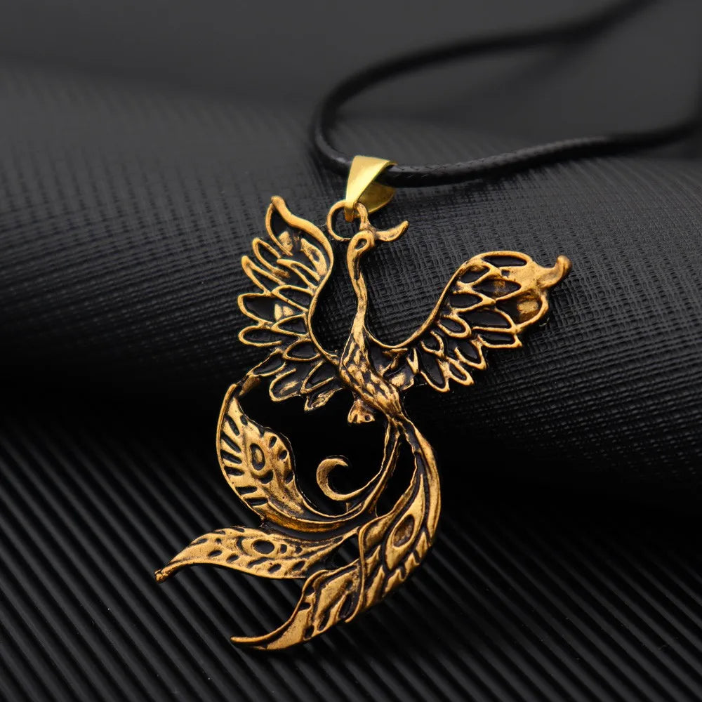Vintage Phoenix Pendant Necklace — Black Cord, Animal Medal