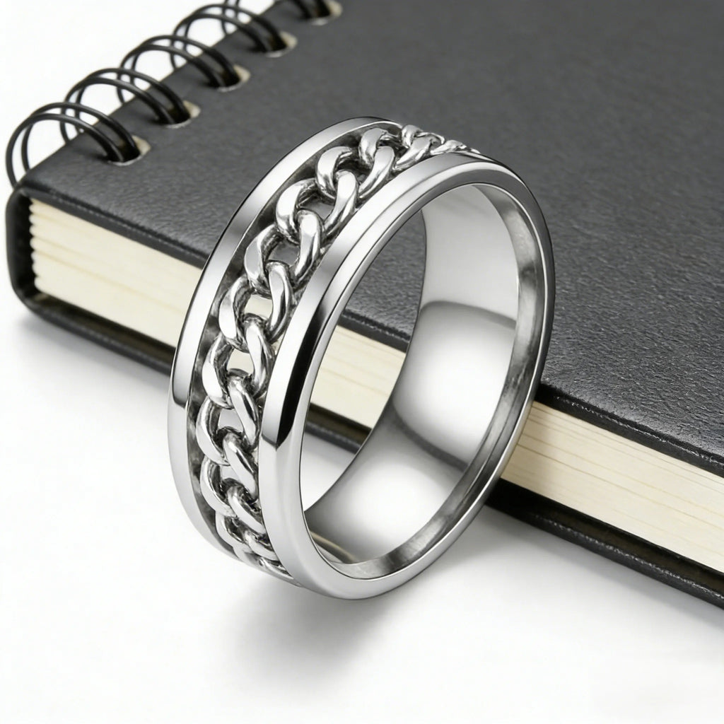 Rotatable Chain Spinner Fidget Ring Black Gold — Stainless Steel