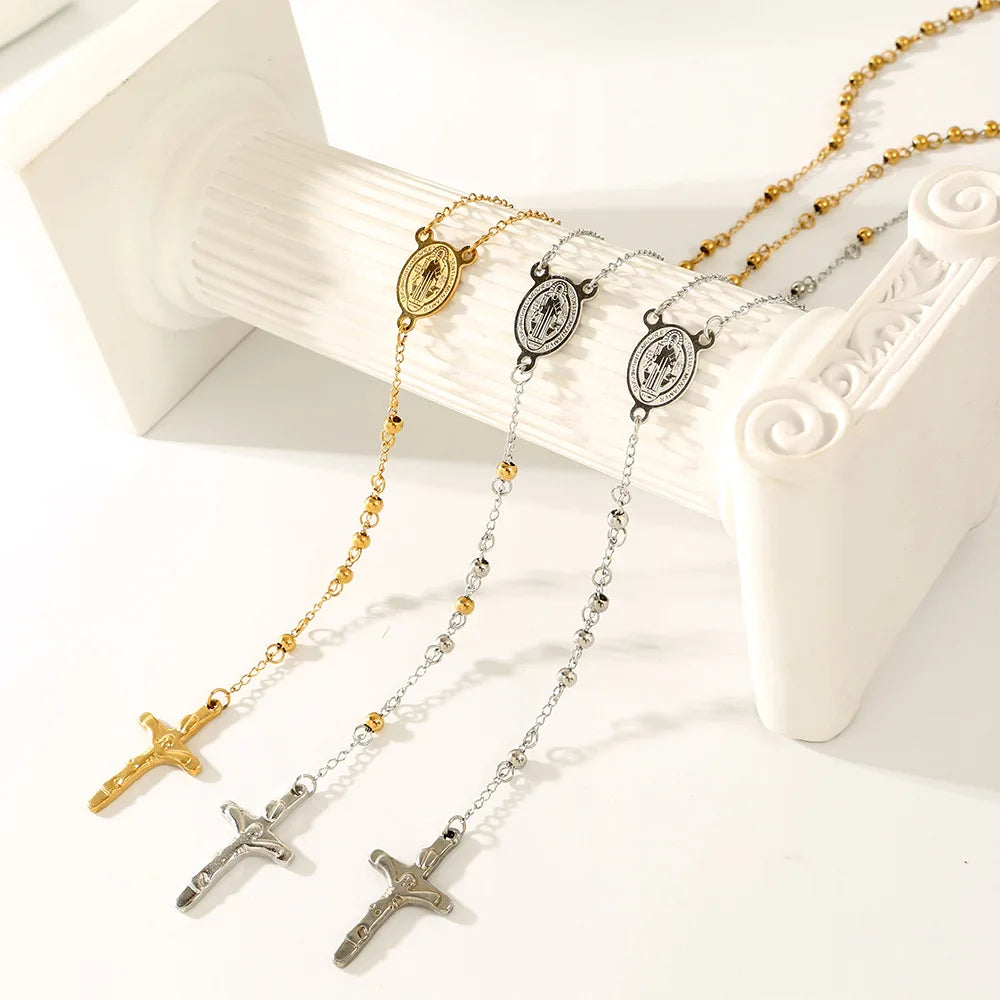Rosary Beads Necklace Jesus Cross Pendant 4mm — Stainless Steel