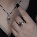 Vintage Punk Cross Star Mark Rhombus Ring — Slim Open Band