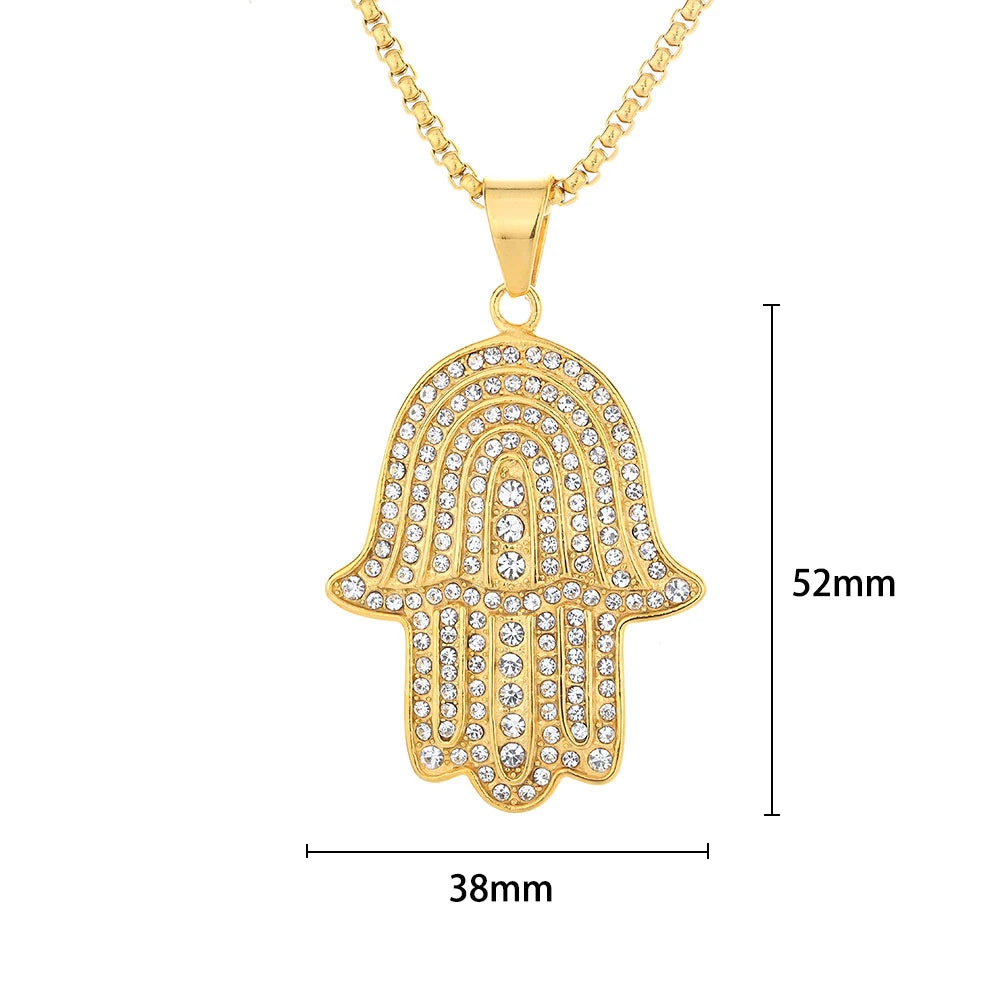 Iced Out Hamsa Hand of Fatima Pendant Necklace — Gold-Tone Steel