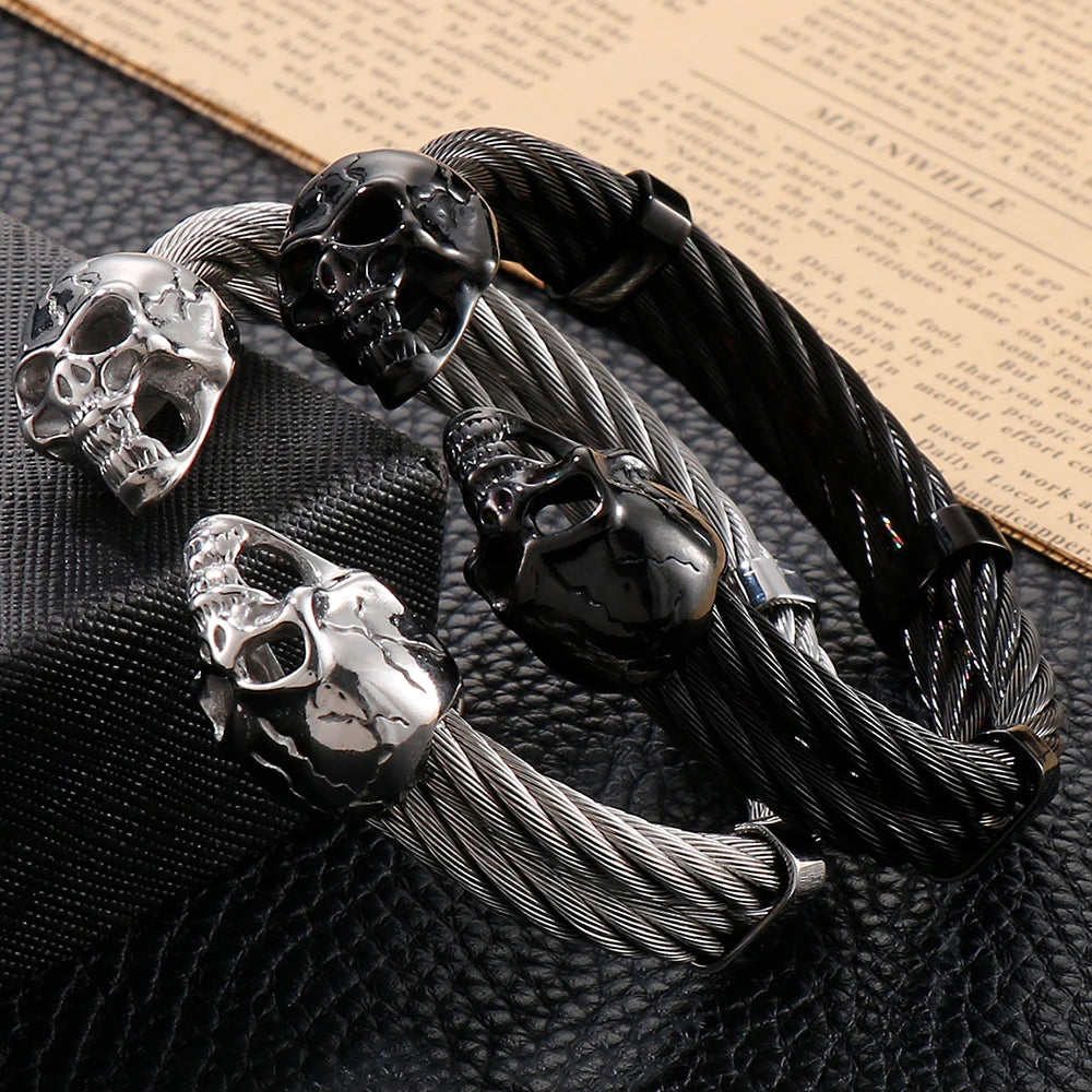Biker Men's Skull Wristband Heavy 316L Stainless Steel Punk Bracelet Open Bangle Double Gothic Skeleton Head for Rock