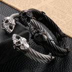 Biker Men's Skull Wristband Heavy 316L Stainless Steel Punk Bracelet Open Bangle Double Gothic Skeleton Head for Rock