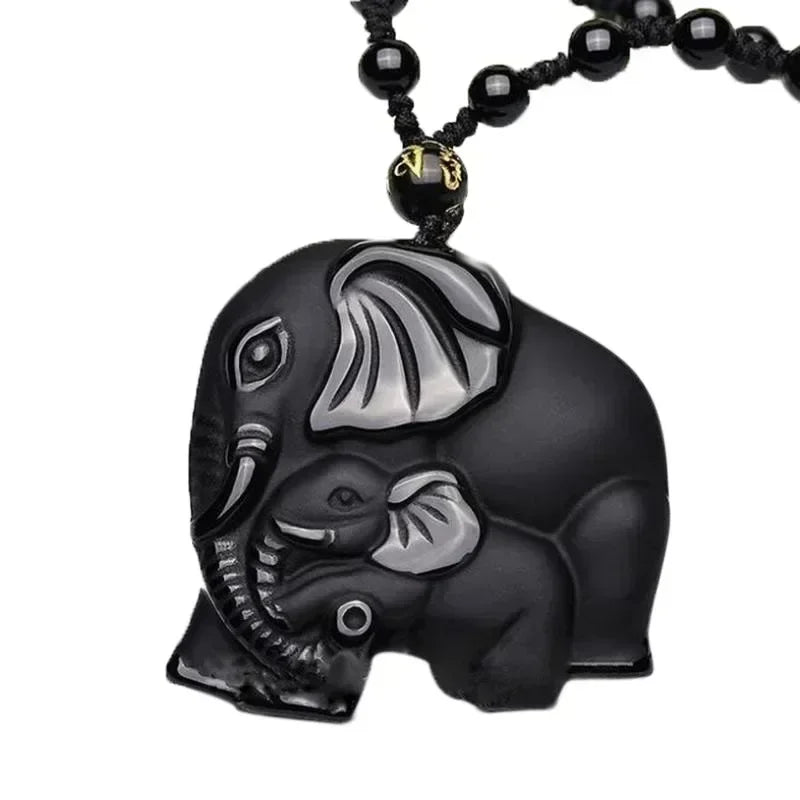 Obsidian Gossip Pendant Necklace Carving Dragon and Phoenix Shape Lucky Amulet Jewelry Six-Character Mantra Pearl
