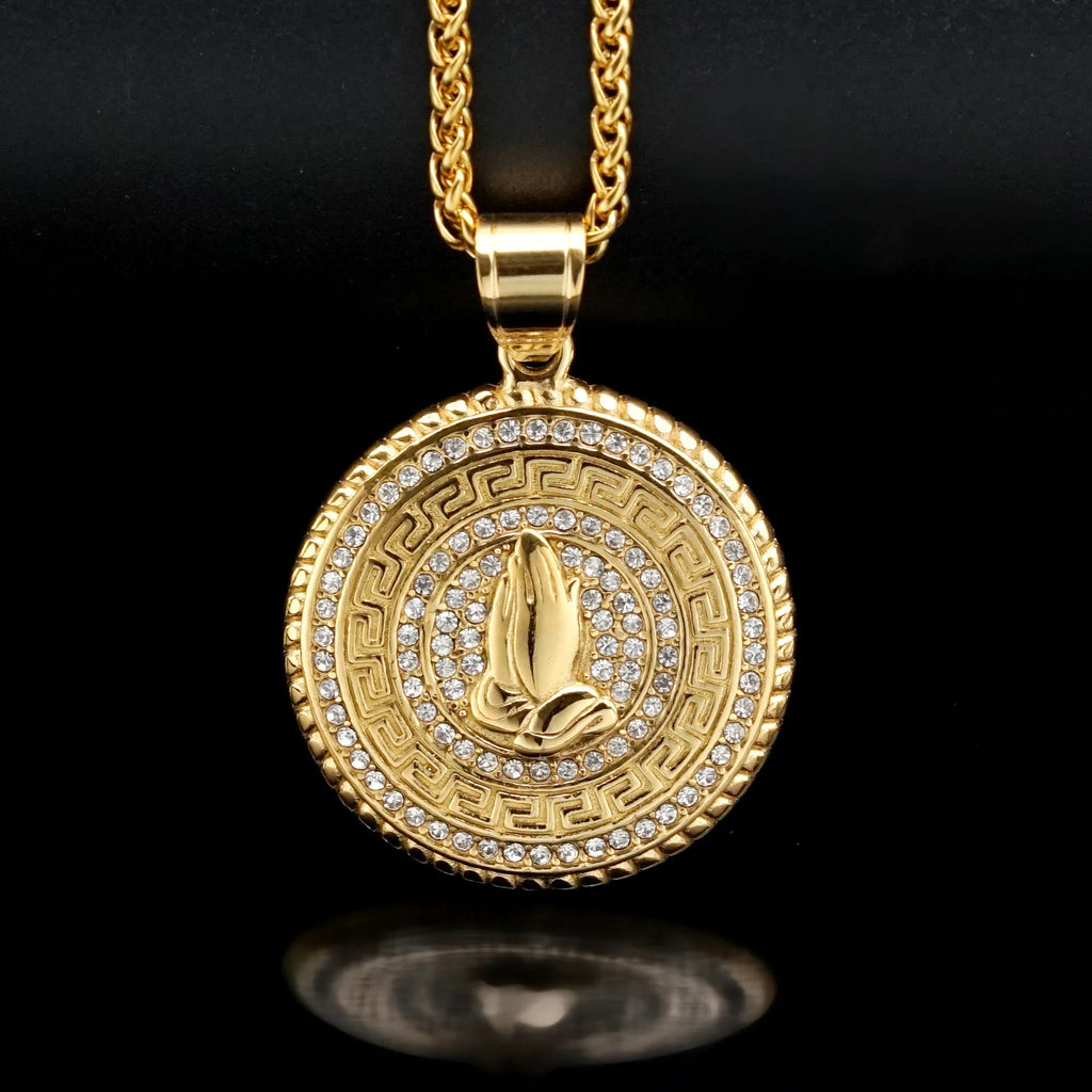 Iced Out Praying Hands Pendant — Gold