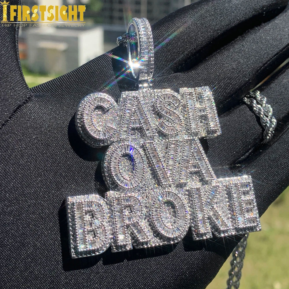 New Cash Ova Broke Pendant Necklace Hiphop Rock Iced Out Bling 5A Zircon Silver Color Cz Tennis Chain Letter Charm Men