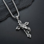 Stainless Steel Cross Praying Hands Pendant Necklace